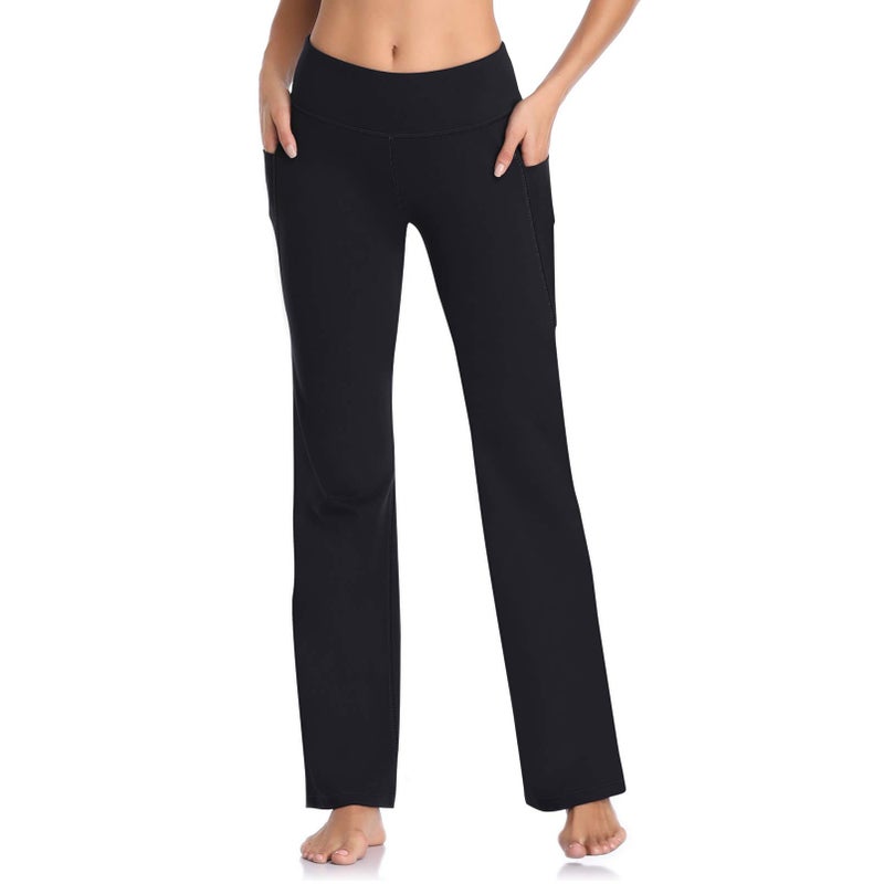 HISKYWIN Side Pockets Yoga Pants 4 Way Stretch Tummy Control Workout Running Pants, Long Bootleg Flare Pants HF201-Black-S - Image 2